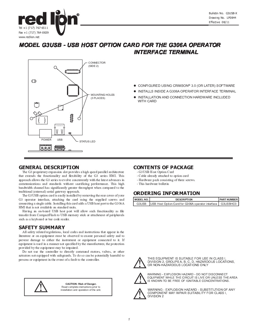 First Page Image of G3USBHC0 Red Lion G3USB USB Host Option Card Manual G3USB-X.pdf